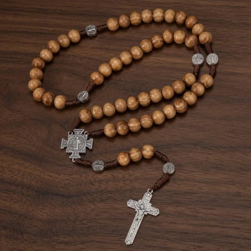 Nazareth Store Sacred St Benedict Wood Beads Rosary Solid Wooden Prayer Chaplet with Cross Saint Medal & Silver Jesus Crucifix