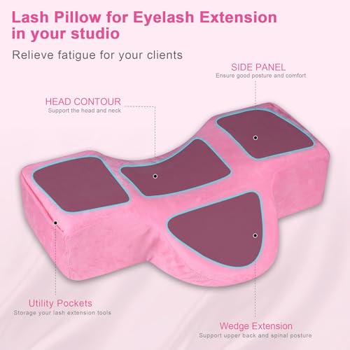 IMENE Lash Pillow for Lash Extensions- Memory Foam Lash Pillow with Neck and Back Support, Ergonomic lash Bed Pillow with Velvet Pillowcase and Lash Organizer Pockets (Pink) Pink