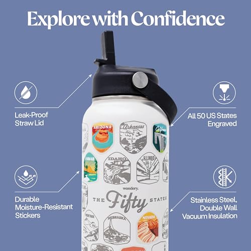 Wondery Official Fifty States bucket list™ Travel Water Bottle with Waterproof Stickers and Straw | Cream 32 oz Engraved | Insulated Stainless Steel Vacuum Sealed | Leak Proof