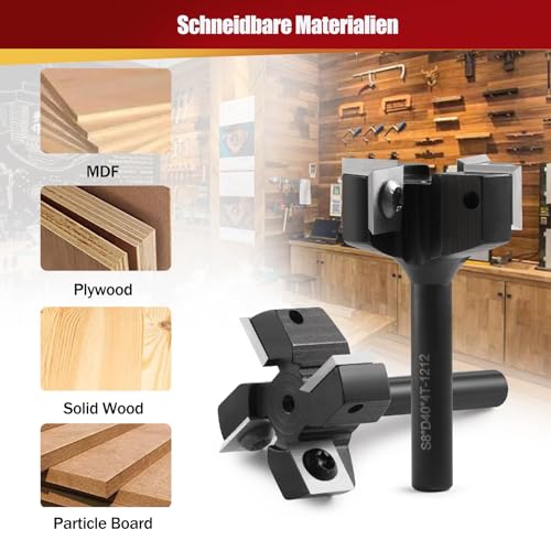 Face Cutter 8 mm Shank 4 Flutes with 10 Interchangeable Carbide Blades (12 x 12 x 1.5 mm), Diameter 40 mm, CNC Plate Cutter Cleaning Cutter for Router Woodworking (D=40 S=8) S=8,D=40