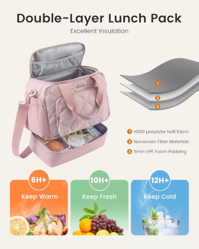 LOVEVOOK Insulated Lunch Bags for Women, Double Deck Adult Lunch Box, Quilted Puffer lunch Bag Women, Wide Opening, Durable & Reusable Large Lunch Cooler For Work Picnic Travel Meal Teacher