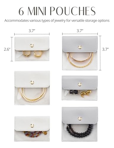 Popvibe Small Jewelry Travel Case for Women Mini Jewelry Box Organzier Traveling with 6 Jewelry Pouch Small Jewelry Bags, Leather Travel Size Jewelry Organizer Bag for Earrings Necklace, Blue Gray 1 box & 6 bags