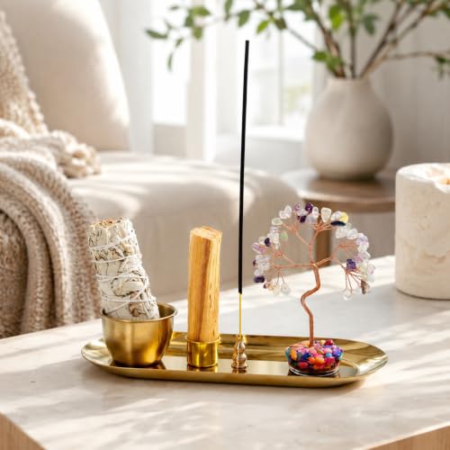 Handmade Crystal Incense Holder Set, Tree of Life Sage & Palo Santo Tray Mixed
