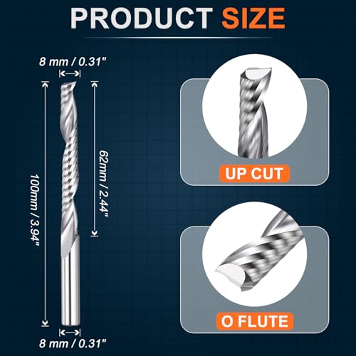 Workkyma upcut spiral router bit, single flute, 8mm diameter, 62mm cutting length, 8mm shank