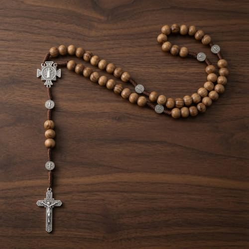 Nazareth Store Sacred St Benedict Wood Beads Rosary Solid Wooden Prayer Chaplet with Cross Saint Medal & Silver Jesus Crucifix
