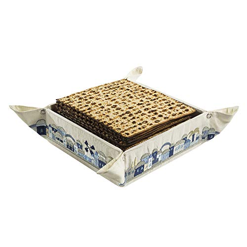 Yair Emanuel Matzah Box for Seder - Holder For Passover Bread -Embroidered Folding Basket (Jerusalem - Blue (MB-5)) Jerusalem - Blue (MB-5)