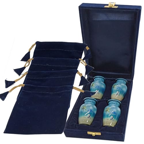 UR Keepsake Urn Set of 4 Beach Picnic Side Cremation Urn for Human Ashes with Velvet Box and 4 Velvet Bag-Mini Keepsake Urn (3 cu.in x 4pcs)