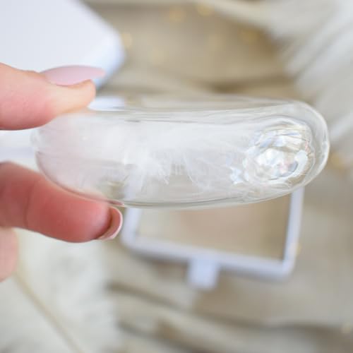 Heart Stamped Real White Feather in Glass Round Bauble. Gift Boxed Christmas Tree Hanging Decoration. Spiritual Angel Gift