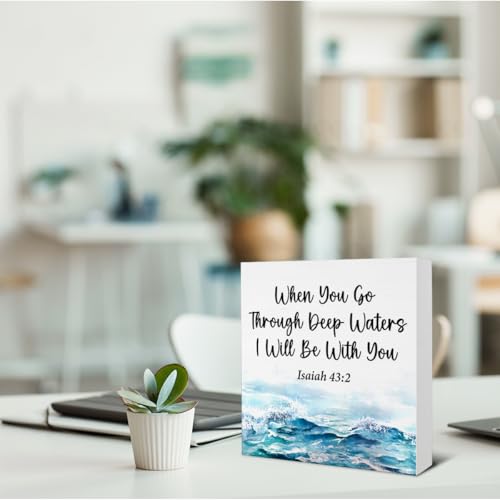 Bible Verse Desk Accessories - Ocean Room Decor - Inspirational When You Go Through Deep Waters I Will Be with You Isaiah 43:2 Religious Wooden Sign Home Living Room Beach Decor - 5 x 5 Inches