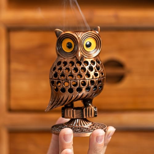 Owl Incense Burner, Metal Backflow & Cone Holder, Brass，4.7 inch
