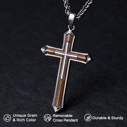 NORBU Wooden Cross Necklace for Men, Black Natural Wood Cross Pendant Grey black Style D