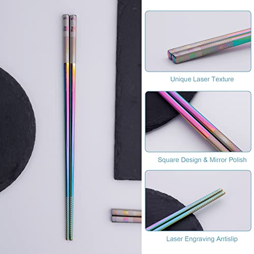 10-Pairs Metal Reusable Ramen Square Chopsticks Non Slip 18 10 Stainless Steel Chopsticks Set Dishwasher Safe for Adults Sushi, Rainbow 10 pairs set