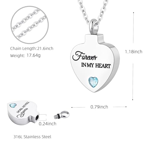 Cremation Jewelry for Ashes Pendant - Crystal Birthstone Heart Urn Necklace with Mini Keepsake Urn Memorial Ashes Jewelry for Women - Forever In My Heart Light Blue