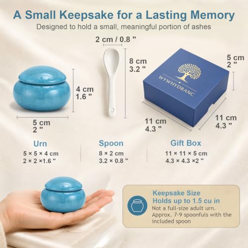 Small Urn for Human Ashes, Blue Ceramic Mini Keepsake with Spoon