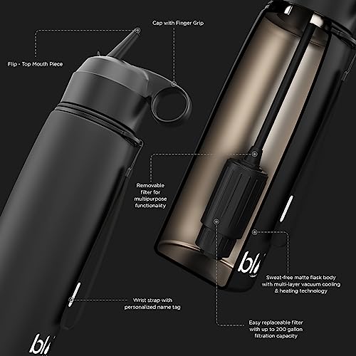 BLU All-in-ONE | Vacuum Insulated Stainless Steel Water Bottle Flask with a Filter (26oz) | Made in The USA | Removes 99.99% contaminants (Regular - Black) Bottle with Regular Filter
