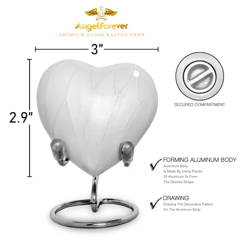 Heart Keepsake Urn for Human Ashes – Handcrafted White Aluminum Mini Heart Urn with Silver Stand, Velvet Bag & Gift Box – Small Infant or Pet Cremation Urn, 3 Cu Inches Capacity – Memorial Keepsake Heart Keepsake Urn