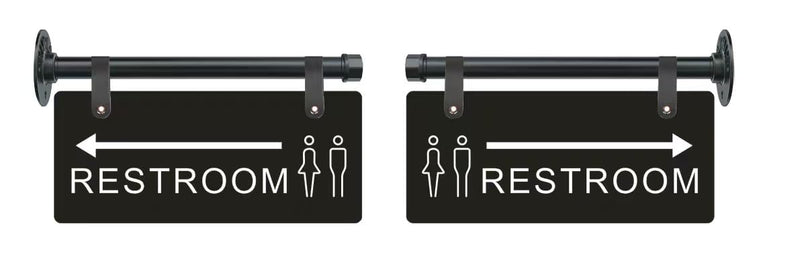 Double Sided Restroom Sign with Arrow, Wall Mount Unisex Bathroom Directional Sign with Metal Pipe Rod, Black, 11x4.7 Inch, Easy Install with Hanging Straps for Business Office & Public Hallway Bathroom (Black, Restroom)