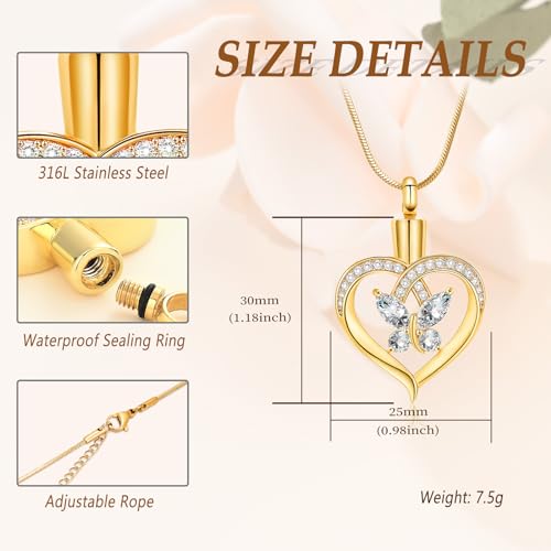 Minicremation Cremation Jewelry Butterfly Heart Urn Necklace for Ashes for Women Urn Pendant Birthstone Locket Crystals Ash Loved One Memorial Keepsake Pendant Gold-White