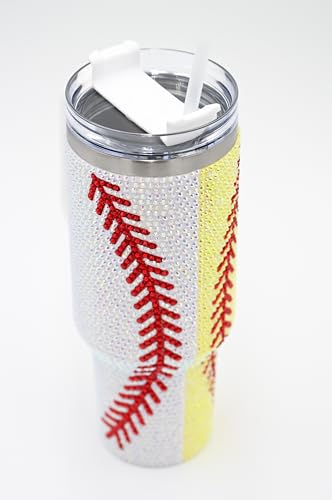 Baseball Softball 40 Oz Rhinestone Bling Tumbler Cup Handle Straw