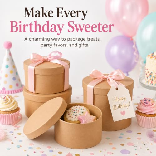 5 Pack Round Kraft Paper Cookie Boxes with Lids, 5.5" Circle Cardboard Cake Container for Dessert Packaging, Empty Paper Mache Favor Holders for Cupcake, Bakery, Muffin and Chocolate, Brown