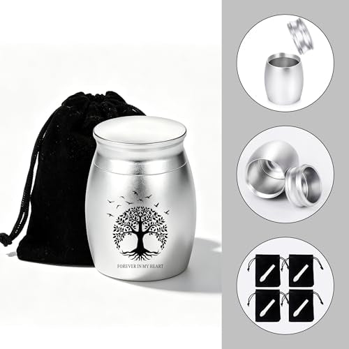 Gredstar Small Urns for Ashes, Set of 4 Mini Cremation Containers for Pet and Human Ashes, Memorial Gifts for Loved Ones (Silve, Tree of Life Memorial) Silve