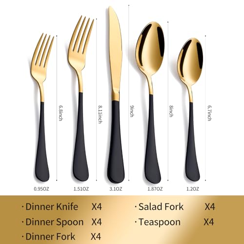 20-Piece Black & Gold Silverware Set, 18/0 Stainless Steel Colorful Handle Flatware Set, Service for 4, Modern Cutlery Set Includes Dinner Knives Forks Spoons, Mirror Polished, Dishwasher Safe gold and black-Piece