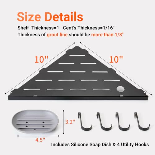 Corner Shower Shelves, 10" Matte Black 304 Stainless Steel Recessed Shelf for Bathroom，With silicone soap dish and razor holder，Grout in Shelf with Hooks for Tiled Wall 2 Pack (Black)