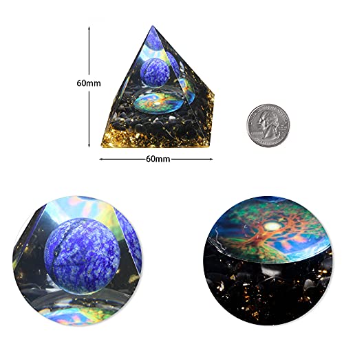mookaitedecor Lapis Lazuli Crystal Sphere Orgone Pyramid with Obsidian Tumbled Stones and Tree of Life Symbol Ornament for Protection Meditation Home Decor Blue-1