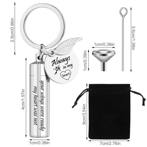 Fanshiontide Cremation Jewelry Urn Keychain for Ashes, Cylinder Memorial Angel Wing Keepsake Urn Key Chain Stainless Steel for Human Pet Ashes Silver