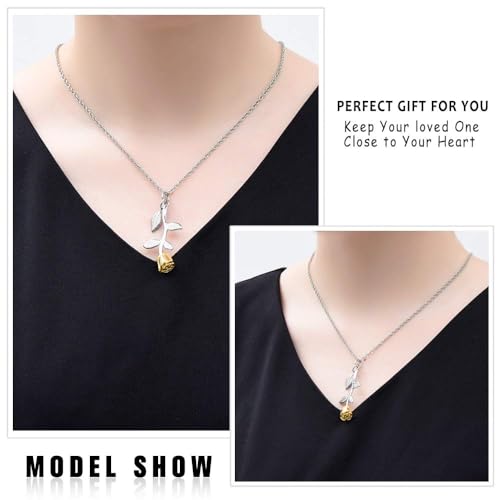 Rose Flower Urn Necklace Cremation Jewelry for Ashes for Women Girls Urn Keepsake Pendant Human Pet Memorial Locket Holder Silver-Gold