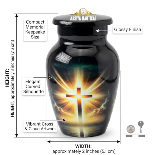 Aluminum Cremation Urn for Human Ashes – Black Urn with Radiant Christian Cross Design, Decorative Memorial Funeral Urn for Adult, Home or Burial