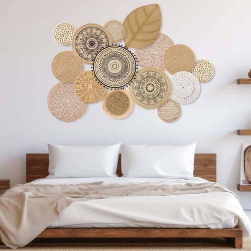 15 Pcs Boho Wall Basket Decor Woven Rattan Seagrass Wall Decor Hanging Rustic Farmhouse Round Handmade Wicker Decoration, Western Art for Living Room Kitchen Bedroom Home Nursery
