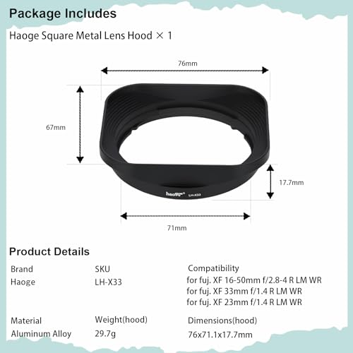 Haoge LH-X33 Lens Hood Metal Square Bayonet for Fujinon XF 16-50mm F2.8-4.8 R LM WR,XF 33mm F1.4 R LM WR Lens, Fuji XF 23mm f/1.4 R LM WR Hood Shade Black (Not with Metal Front Cap)