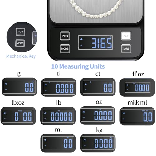 Waterproof Kitchen Scales IPX67, 10kg/22lbs Food Scales with 0.1g High Precision, 10 Units, TYPE-C Rechargeable, Stainless Steel Pan, LCD Display, for Baking, Cooking 10kg-Black