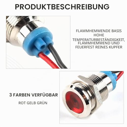 Cerioll LED Metal Indicator Light, LED Metal Indicator Light, 6 mm LED Indicator Light, Pack of 6 Metal Indicator Light with Wire, Waterproof Signal Lamp, 110 V-220 V (Red, Yellow, Green, 2 Pieces of Each