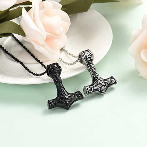 shajwo Mjolnir Thors Hammer Urn Necklace for Ashes for Men Celtic Nordic Viking Cremation Jewelry for Women Keepsake Memorial Ashes Pendant 2PCS Silver/Balck