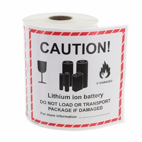 Caution Lithium Battery Warning Labels, 4.5” x 4.75”, Red Border, 300 Labels per Roll – Permanent Adhesive Safety Stickers for Packaging and Transport