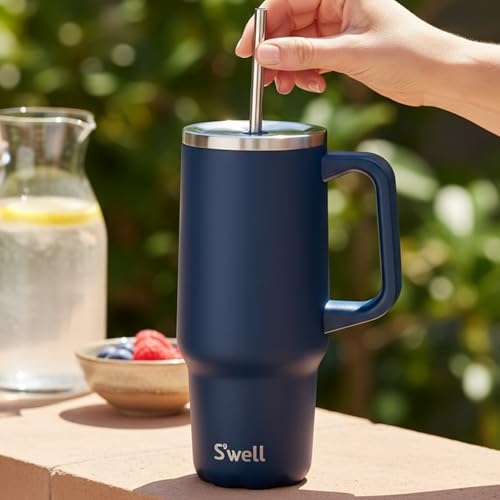 S'well Recycled Stainless Steel Tumbler XL with Straw and Handle, 30oz, Azurite, Triple Layered Vacuum Insulated Container Keeps Drinks Cold 36 hours and Hot for 9, BPA Free