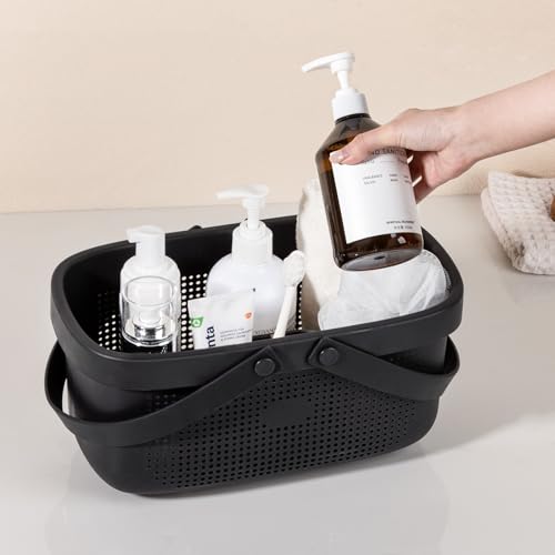 Black plastic portable shower caddy basket with handles, large size for organizing toiletries in the shower.