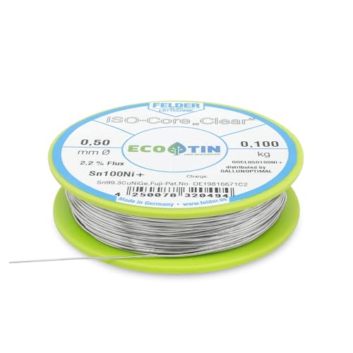 Galunoptimal Solder Tin ISO Core Soldering Wire Clear Sn100Ni+ Sn99.3CuNiGe 0.5 mm on 100 g Spool Made by Felder GmbH in Germany