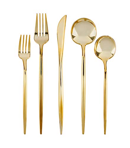PlasticPRO luxury gold disposable flatware set with 80 pieces, service for 16, includes knives, forks, and spoons.
