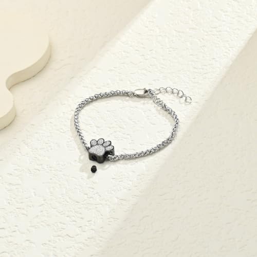 Paw Print Urn Bracelet for Ashes Dog/Cat Stainless Steel Cremation Jewelry Memorial Keepsake Adjustable Bracelets for Ash Holder Black