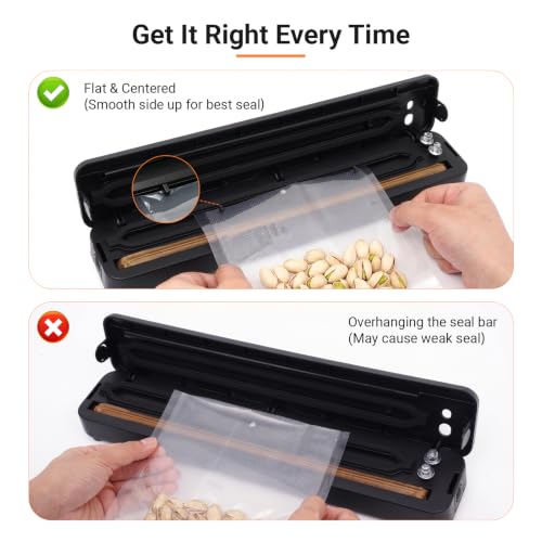 Vacuum Sealer Machine with 30cm Longer Dry Vacuum & 60 KPA Powerful Suction, Pulse Mode for for Vac/Seal/Rice/Dry, Equipped LED Light, Includes 10 Bags, Ideal for UK Kitchen Storage UK 3-Pin Plug Black