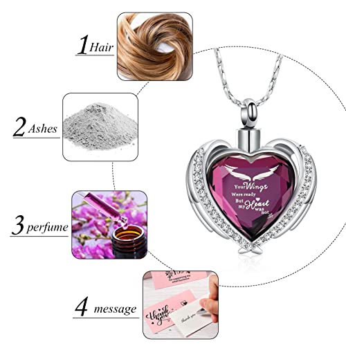Imrsanl Cremation Jewelry for Ashes Pendant - Crystal Heart Urn Necklace with Mini Keepsake Urn Memorial Ash Jewelry Wings-Purple