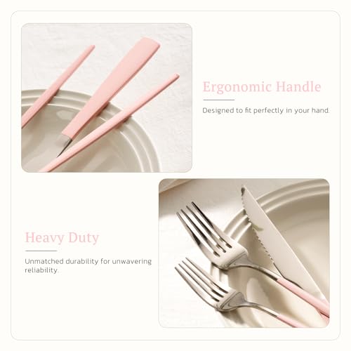 Astercook Silverware Set with Steak Knives 24-Piece Flatware Set for 4 Food-Grade Stainless Steel Pink Cutlery Set Mirror Polished Utensils Set Include Spoons and Forks for Home Kitchen Restaurant 24 PCS