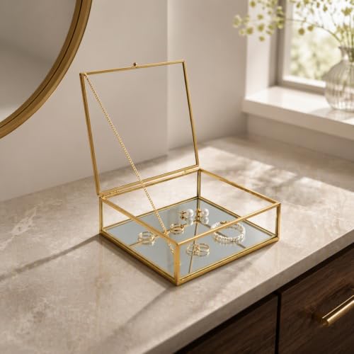 ZMG Vintage Glass Keepsake Box Gold Jewelry Display Case With Chain Lid Square Mirror
