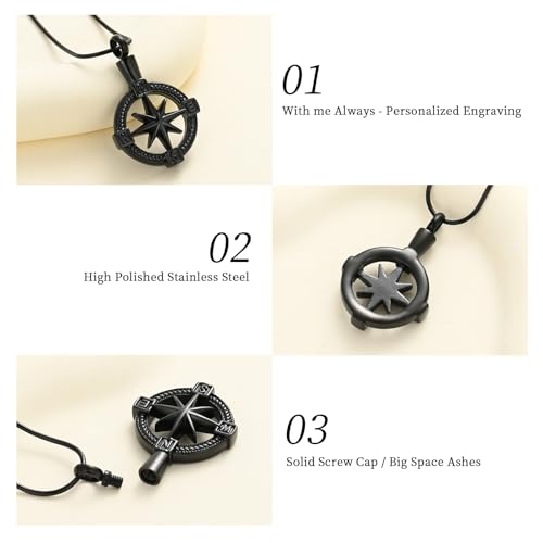 Oinsi Compass Cremation Pendant Necklace For Ashes For Men Women Stainless Steel Memorial Urn Jewelry Keepsake Holder Necklace Black