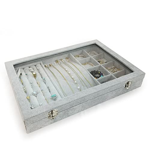 Ice Velvet Jewelry Organizer Box for Women Girlfriend Wife 8 Grids & 5 Slots & 6 Necklace Hooks