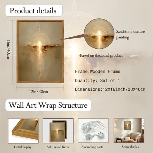 Framed Christian Wall Art, Abstract Gold Divine Light Wall Decor Paintings, Sandstone Textured Sacred Sunrise Pictures Prints Religious Home Decor for Living Room Bedroom Prayer Room 12x16 inch Golden Framed 16"L x 12"W