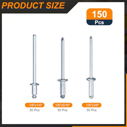 uxcell 150Pcs 1/8"x1/4", 1/8"x5/16", 1/8"x3/8" Round Head Blind Rivets Kit